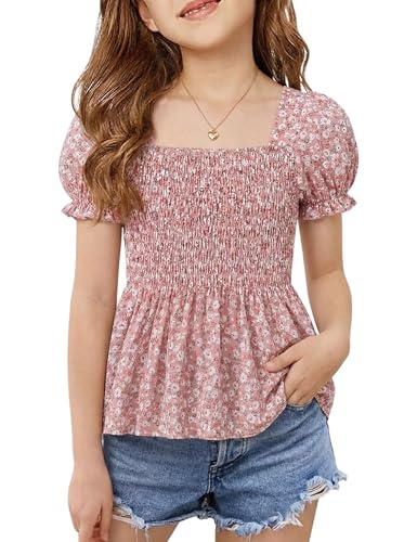 Image of Seechoslo 2025 Tween Girls' Cute Short Sleeve Square Neck Smocked Elastic Short Sleeve Woven Shirt Top