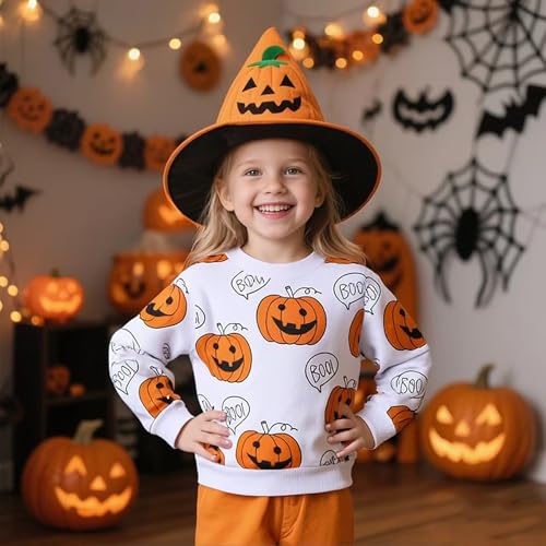 Kids Halloween Sweatshirt - Pumpkin Ghost Dinosaur Bat Graphic Long Sleeve Shirt For Boys & Girls