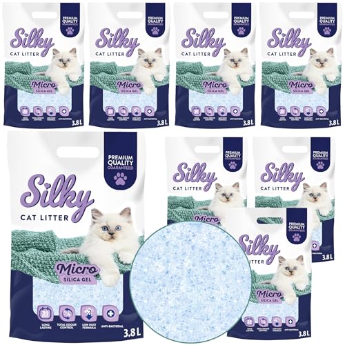 Silky Mikro Silikat-Katzenstreu 3,8L | 30,4L Satz | Staubfrei, Geruchskontrolle, Saugfähig, Bakterienhemmend, Sanft zu Pfoten, Lang anhaltende...