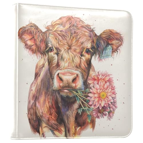 JIPONI Cow with Flower in Mouth Large Photo Album, DIY Leather Cover Scrapbook Albums for 4x6 5x7 6x8 Pictures, Self Adhesive Memory Book for Wedding, Baby, Family