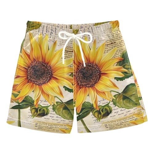 FLildon Vintage Sunflowers Little Boys Swim Trunks with Mesh Lining Quick Dry Beach Board Shorts, 3T