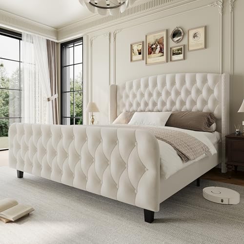 GarveeHome 51 in Tall King Size Bed Frame with Deep Button Tufted Wingback Headboard and Footboard, Velvet Upholstered Platform Bed Frame, No Box Spri