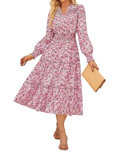 GRACE KARIN Damen Blumenkleid Elegant V Ausschnitt Langarm mit Rüschen Midikleid M Schwarz und Pink