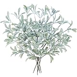 Winlyn 6 Pcs Frosted Artificial Mistletoe Spray Christmas Greenery Floral Stems Branches Faux Mistletoe Picks with White Berry 12.6' Tall for Winter Christmas Tree Floral Arrangement