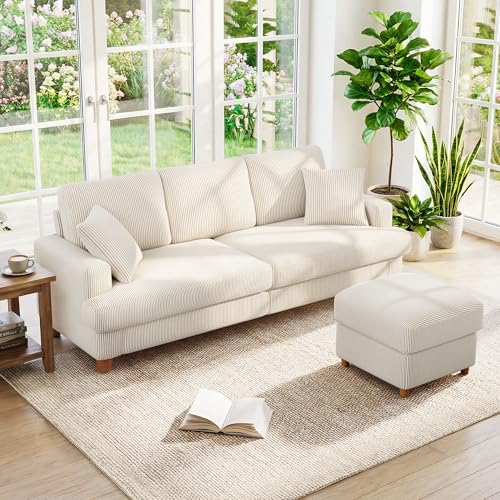Image of Kidirect 87in L Shaped Couch, Modular Sofa No Tool Assembly, Comfy Sectional Couches for Living Room 21in Deeper Seats, Corduroy Sofas for Living Room with 2 Pillows, Loveseat Sofa Set, Beige Couch