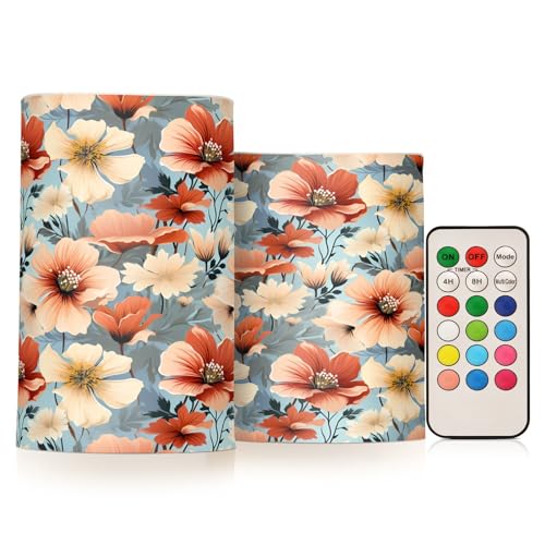 ALAZA Orange and White Floral Flickering Flameless Candles Battery Operated with Remote Timer,Tea Light Candles LED Pillar Votive Candles Set of 2 for Outdoor Indoor Decorations