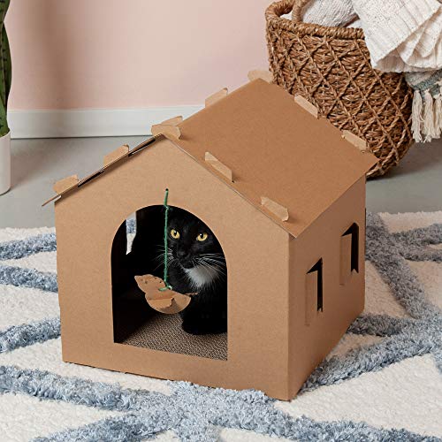 Image of Furhaven Pet Furniture for Cats and Kittens - Gingerbread House Corrugated Cat Scratcher Hideout with Catnip, Cardboard (Brown), One Size