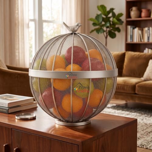 Image of Premium Fruit Basket for Kitchen, Dining Table | Trending Bird Design Fruit Basket with Lid | Decorative Bulbul Basket for Fruits, Vegetables and Snacks - Silver