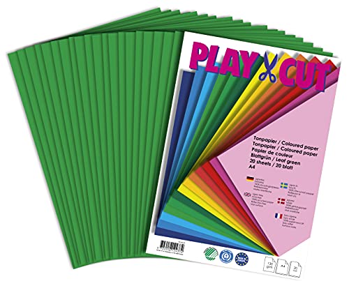 PLAY-CUT Tonpapier A4 Blattgrün (130g/m2) | 20 Bogen Din A4 Papier zum Basteln Drucken | Dickes Bedruckbares Bastelpapier Set und Druckerpapier A4 | Premium Tonzeichenpapier & Craft Paper