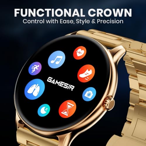 Image of GameSir Glavito Round Dial Smartwatch with 1.49 inch AMOLED Display, 100+ Sports Modes, IP67, Bluetooth Calling, Functional Crown Control, Health Tracking, 100+ Watch Faces for Men & Women (Metal Gold)