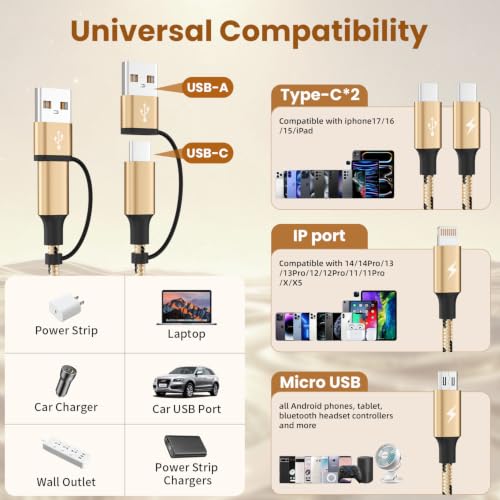 Image of Multi Charging Cable 5FT, 4 in 1 Charging Cables for Multiple Devices Gold