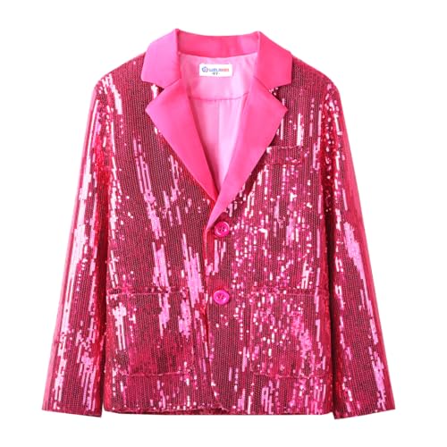 Girls Sequin Blazers Jacket Long Sleeve Notched Lapel Button Down Suit Coat with Pockets