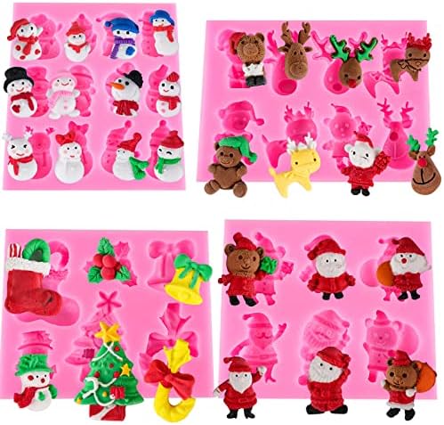Christmas Fondant Molds Silicone Candy Molds Cute Christmas Tree Santa Claus Love Bear Elk Snowman Winter Frozen Party Cupcake Topper Decorating Tools, Silicone Chocolate Candy Mold (4 PCS)