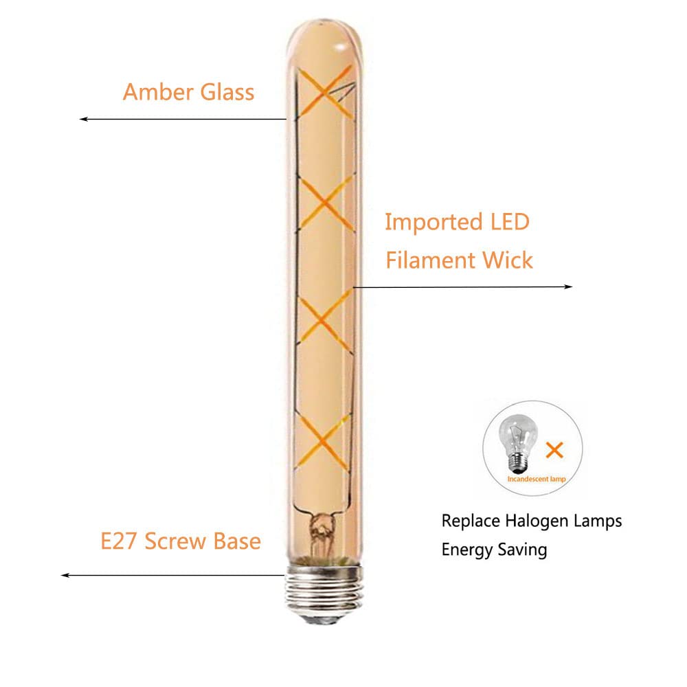 4er E27 LED Langröhren Glühlampe 8W 300mm T30 E27 Sockel Edison Vintage Röhrenlampe,Bernsteinglas Warmweiß 2700K Nicht Dimmbar Retro-Nostalgie Lampen Vintage Dekoration