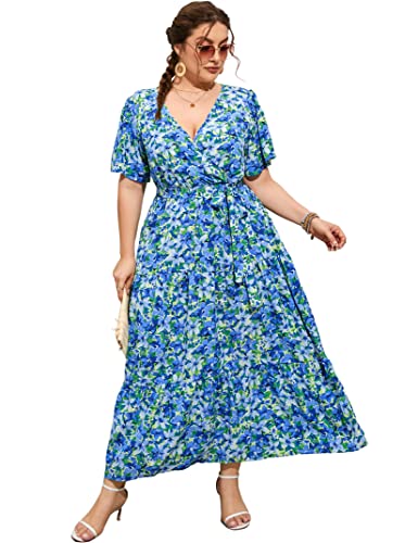 Image of ShopWonder Womens Plus Size V Neck Wrap Maxi Dress High Waist Ruffle Summer Casual Dress with Belt