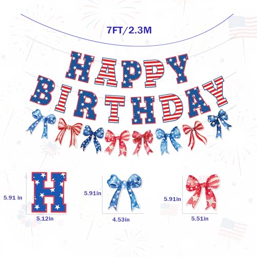 Image of Bow Patriotic Happy Birthday Banner,4th /Fourth of July Decorations, Red White and Blue Independence Day Birthday Garland, Memorial Day Decorations for Indoor Outdoor