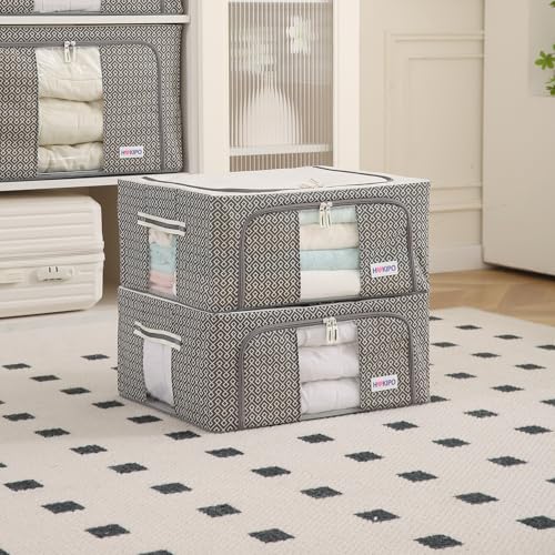 Image of HOKIPO Almirah Organizer Living Boxes | Cloth Storage Box with Top & Front Zipper | Moisture & Moth Resistant | Strong Metal Frame (Oxford Fabric) |44L, Pack of 2 Charcoal Grey (AR-5928-CGRY*2)