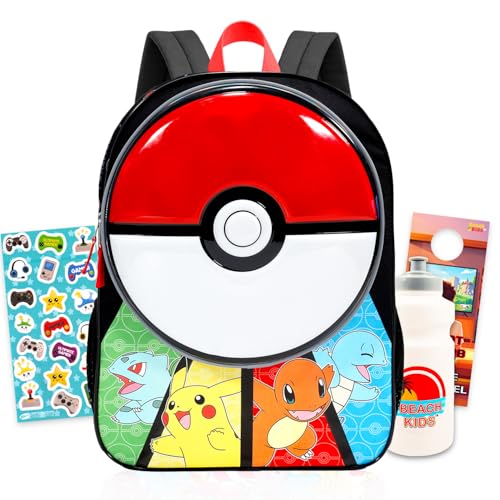 Pokemon Backpack for Kids - Bundle with 16 Pokeball Backpack Featuring Pikachu Bulbasaur Charmander Squirtle Plus Water Bottle Stickers More | Pokemon School Bag for Boys