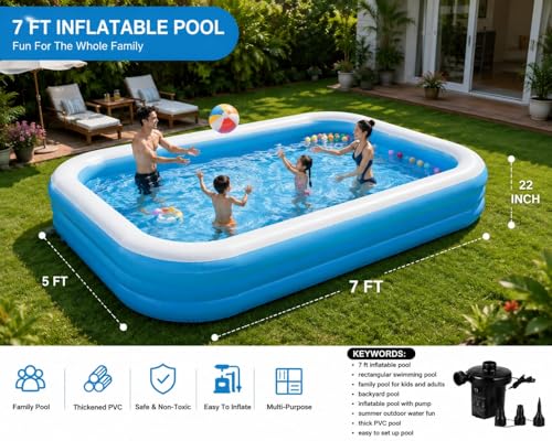 Image of 7 Ft Inflatable Swimming Pool for Adults & Kids with Electric Pump | Large Rectangular Family Pool | Thick PVC Leak-Proof Portable Bath Tub for Garden, Terrace, Balcony Outdoor Summer Use