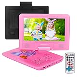 FENGJIDA 9.5'' Portable DVD Player with Headrest Mount Holder, Built-in Rechargeable Battery, 270°Swivel Screen, 5.9 ft Car Charger SD Card Slot and USB Port - Pink