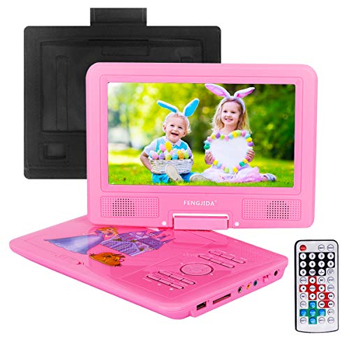 FENGJIDA 9.5'' Portable DVD Player with Headrest Mount Holder, Built-in Rechargeable Battery, 270°Swivel Screen, 5.9 ft Car Charger SD Card Slot and USB Port - Pink