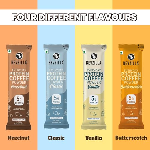 Image of Bevzilla Everyday Protein Coffee Sachets & Rechargeable Frother | Assorted 4 Flavour | 5 g Protein per Serve | 16 Sachets Pack | 3-Speed Electric Frother with Type-C Fast Charging