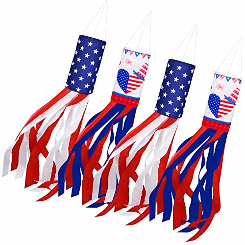 Mukum 4PCS 40 Inch Flag Wind Socks Outdoor Heavy Duty 2023 Upgrade 4th of July Decorations Outdoor Stars Stripes Patriotic Decoration Independence Day Windsocks Decor Fade Resistant for Yard Garden