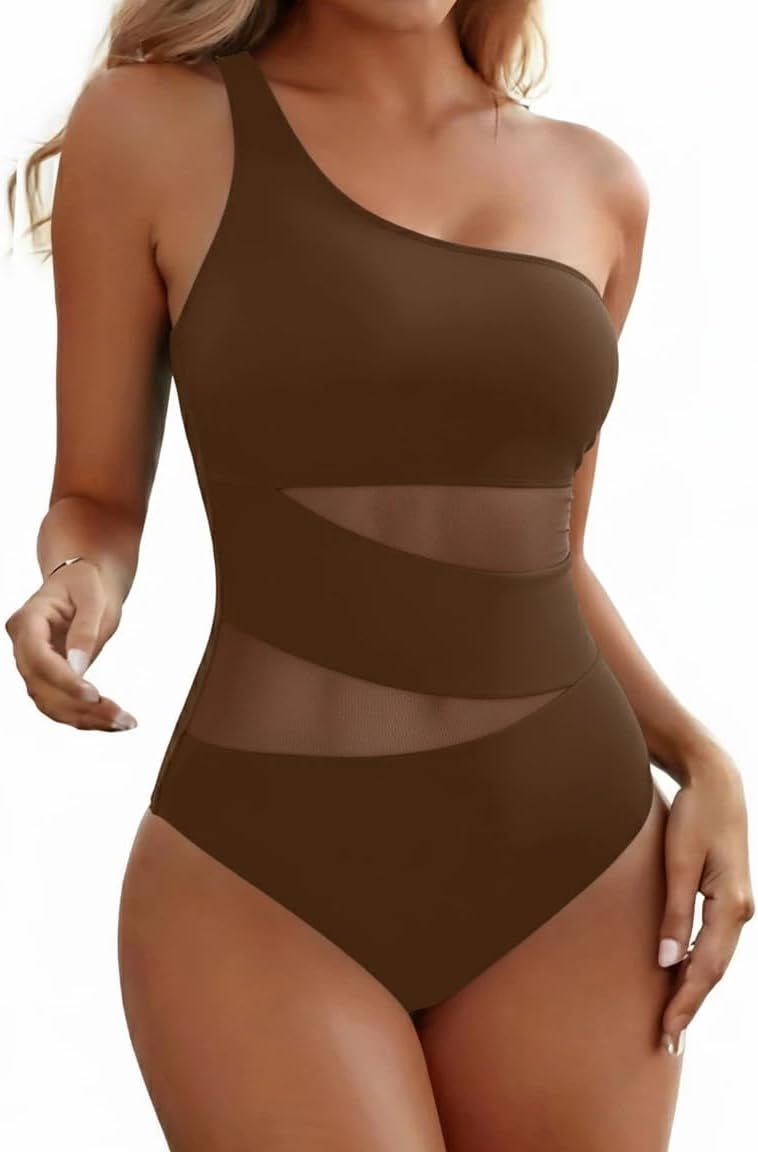 Tempt Me Women One Shoulder One Piece Swimsuits Full Coverage Cutout Mesh Sexy Bathing Suits Tummy Control Swimwear