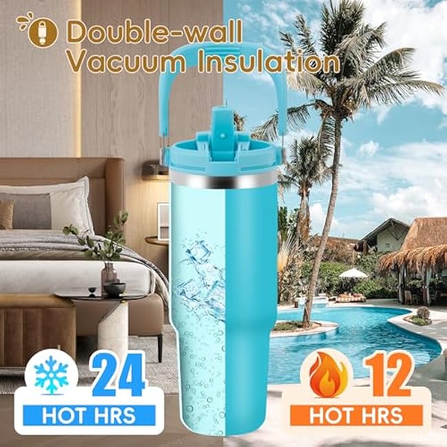 VUSIGN 30 oz Tumbler with Handle and Flip Straw, Stainless Steel Vacuum Insulated Water Bottle Travel Mug Thermal Cup for Home, Office, Car, Outdoors, Sports, Sky Blue