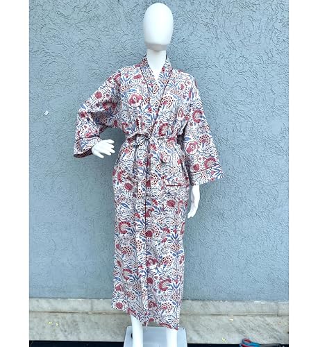 Image of Hand block print Cotton Kimono bikini cover up,Indian Hand block print Cotton Bath Robe,Swim Wear,Nighrwere Dressing Gown