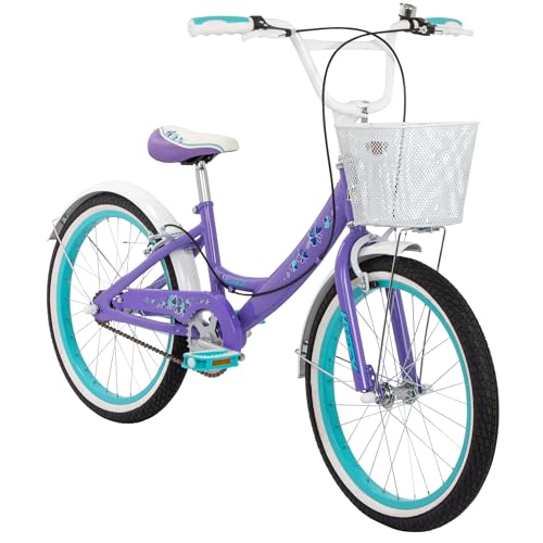 Huffy Girly Girl 20-Inch Cruiser Bike Basket Bell Mudguards Adjustable Comfort Saddle Upright Handlebars Single-Speed Dual Brakes Stylish Girls Bike for Ages 5-9 Gloss Purple