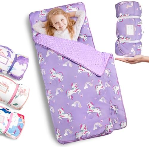 Primlect Thickened Toddler Nap Mat with Removable Pillow and Minky Blanket, Extra Large 55''x35'' Sleeping Bag, Washable, Roll up, Perfect for Daycare, Preschool, Kindergarten, Boys and Girls Purple