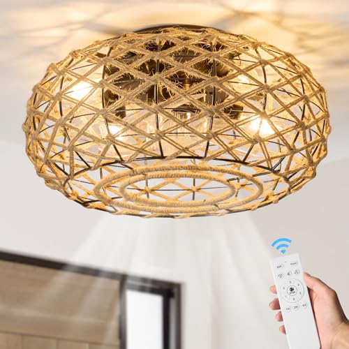 zheshirui 16" Caged Rattan Ceiling Fan with Lights, Small Farmhouse Low Profile Ceiling Fan with Remote Control, Rustic Enclosed Flush Mount 3 Wind Speeds Bladeless for Living Room Kitchen Bedroom