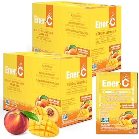 Ener-C Peach Mango Multivitamin Drink Mix Powder Vitamin C 1000mg & Electrolytes with Real Fruit Juice Natural Energy & Immune Support for Women & Men - Non-GMO Vegan & Gluten Free - 60 Count Cover