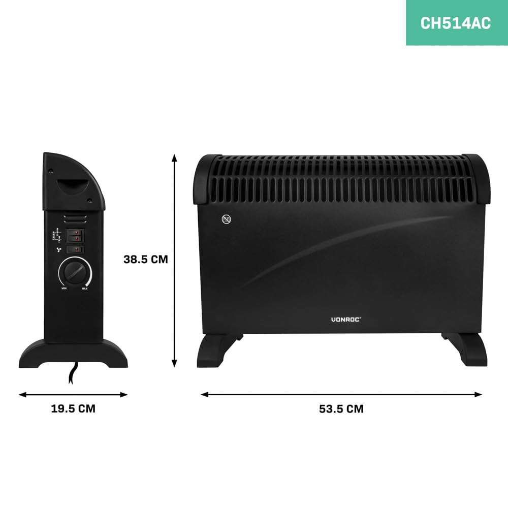 VONROC Riscaldatore elettrico | Stufa elettrica | Termoconvettore 2000W | Con 3 impostazioni e funzione turbo Nero