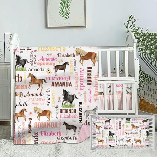 Munific Personalized Crib Bedding Set for Girls, Custom Baby Bedding Sets with Name, Floral Horse 2 Piece Nursery Bedding Set for Infant Toddler, Comforter Fitted Crib Sheets Set for Newborn