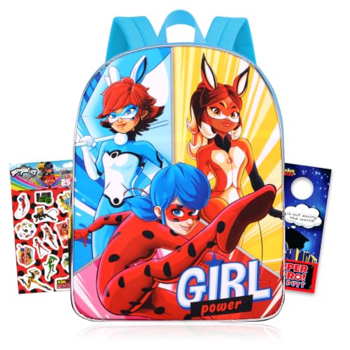 Miraculous Conjunto de mochila joaninha – Pacote de bolsa e adesivos Cat Noir de 38 cm | Material escolar Miraculous Ladybug para crianças, meninos e meninas