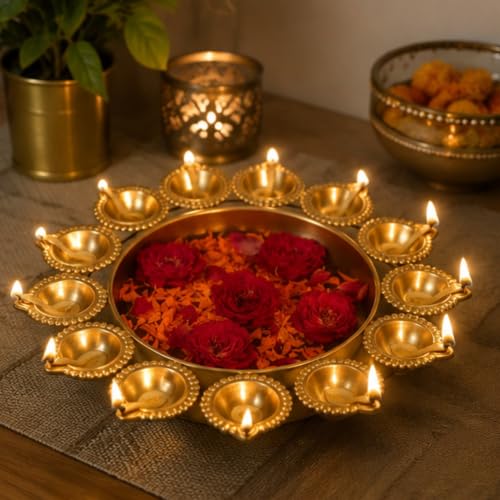Image of Webelkart Gold Polish Diya Shape Flower Decorative Urli Bowl for Home Handcrafted Bowl for Floating Flowers and Home,Office and Table Decor- Diwali Decorations Items 1 L