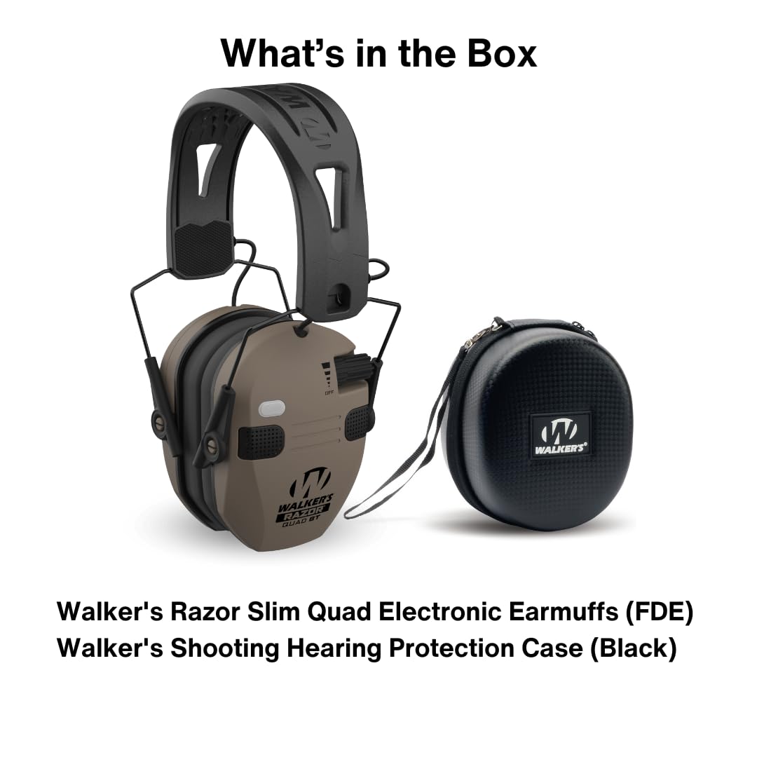 Walker's Razor Slim Quad - Orejeras electrónicas con tecnología Bluetooth, paquete de protección auditiva para disparos