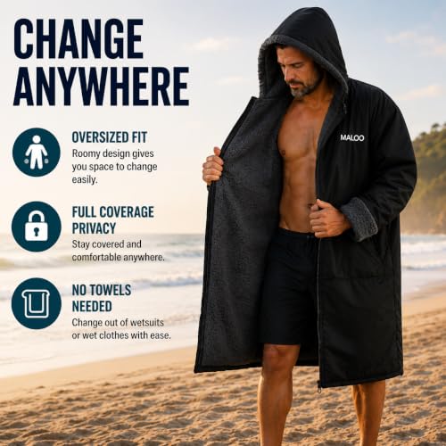 Image of Malo'o Adult Sherpa Lined Surf Parka Changing Robe, Waterproof & Windproof Swim Parka, Long Sleeve Hooded Dry Robe