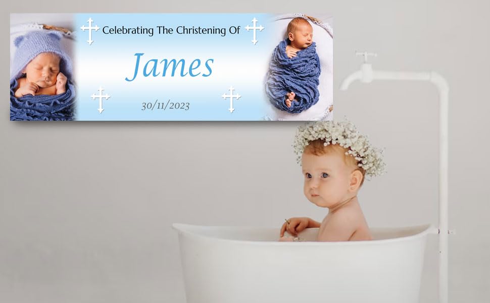 2 Personalised Christening Banner Baptism Naming Day Photo Baby Party Poster decoration, Blue, Indoor Small-2pcs - Image 4