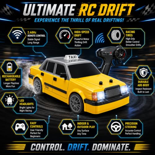 Image of 2.4GHz RC Drift Stunt Taxi Car for Kids, High-Speed Remote Control Car with LED Headlights, Rechargeable Battery, Drift Tires & Precision Steering, Indoor Outdoor Racing Toy for Boys & Girls 6+