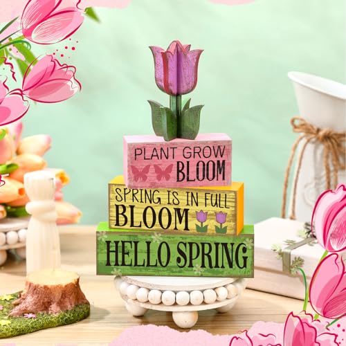 Image of Moucuny 4 Pcs Spring Table Decoration Wooden Stacked Block Decor with Tulip Topper Spring Easter Tiered Tray Decor Platel Flower Table Centerpieces for Easter Party, Living Room, Kitchen