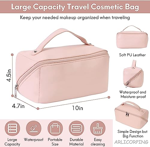 Image of ARLICORPING Large Capacity Cosmetic Travel Bag, Women's Makeup Travel Bag Portable Leather Cosmetics Bag, Makeup Storage Bags with Handle and Divider, Wide Opening Cosmetic Organizer. (Pink)