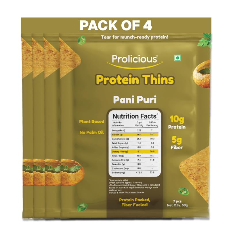 Image of Prolicious Thins Pani Puri High Protein Chips | Upgrade Your Snacking | 10g Protein + 5g Fibre | Same Crunch, Snack Smarter | Plant Based| No Palm Oil | 50g, Pack of 4