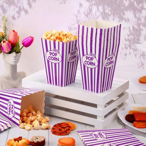 Image of Xinnun 100 Pcs Popcorn Boxes 32 oz Classic Stripe Paper Popcorn Buckets Bulk Disposable Oil Proof Container Vintage Retro Open Top Holders for Movie Night Supply Theater Carnival Party(Purple)