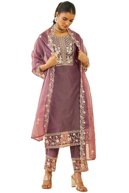 Image of Soch Womens Onion Pink Chanderi Floral Embroidered Straight Suit Set with Sheer Panels
