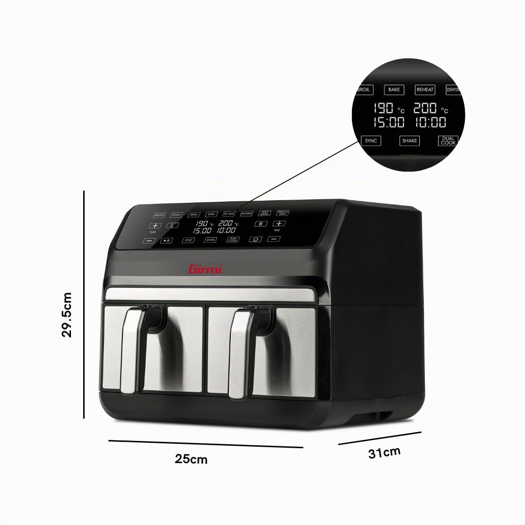 Girmi FG22 Friggitrice ad aria a Due Zone 8 Litri (4+4), 1700W, 8 modalità di cottura, Timer, Display Digitale, Ricettario incluso