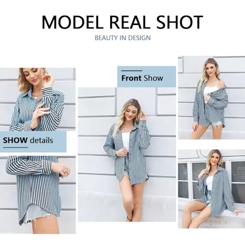 NUOREEL Womens Waffle Knit Button Down Shirt Stripe Long Sleeve Casual Blouses Tops4