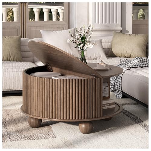 Image of JOINICE 31.5 inch Round Coffee Table with Storage,Unique Bun Feet,Walnut Finish | Mid Century Center Table for Living Room,Hidden Storage,Fluted Sliding Door,Solid Wood Legs,Easy Assembly,Up to 110 lbs